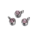 Detailed view of silver stainless steel pendants with round pink zircon crystals on white background - 10 Pieces per Pack / Steel Border Purple Stone