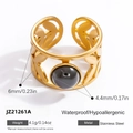18k gold plated stainless steel ring with black agate stone and leaf pattern details - Black Hollow Leaf Style (JZ21261A)