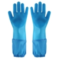 Blue silicone pet grooming gloves with dense bristles and long waterproof splash guard - Blue (Extended)