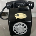 Retro black dial phone piggy bank in glossy plastic with decorative yellow sticker - Tall Retro Telephone Black
