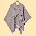 Minimalist brown knit shawl featuring a mixed tweed texture and white tassel fringes - Speckled with White Fringe / Coffee