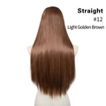 Rear view of sleek light golden brown #12 straight synthetic hair extension on white background - 24 inch / Light Golden Brown