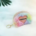 Macro shot of colorful plush rainbow coin purse with pink glitter heart and zipper - Semi-circle Tie-dye Beige