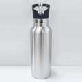 Macro detail of silver stainless steel water bottle with black lid and clear straw - 500ml (17oz) / Stainless Steel Silver