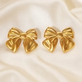 French style golden bow-shaped stud earrings with a matte metallic finish on silk - Retro Bow Style (#0930)