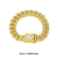 Classic 13mm gold plated Cuban link bracelet with clear rhinestones and box clasp in 25cm - 25cm / Gold