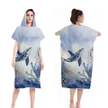 Quick-dry microfiber surf poncho with Deep Ocean orca print and hood for beach - One Size / Button Style - Blue Whale