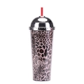 Detail view of 24oz double-layer plastic tumbler with pink leopard print and silver dome lid - Style F/Leopard Dome Lid
