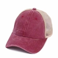 Detail view of vintage red trucker hat with breathable beige mesh and washed cotton finish - Adjustable / Burgundy