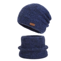 Navy blue women's winter knitted beanie and neck warmer set with warm fleece lining - Two-Piece Set / Navy Blue