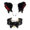 Black cat ear headband and lace choker set with red accents and golden bells - Black/Pink Inside Cat Ears + #Black Lace Choker