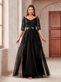 Elegant black V-neck lace evening gown with tulle skirt and silk belt in studio view - S / Black
