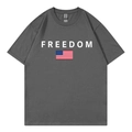 Dark grey cotton t-shirt with FREEDOM print and US flag icon in a flat lay view - Dark Gray