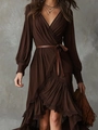 Bohemian long sleeve V-neck dress with lace trim and irregular hem in deep brown - 2XL / Dark Brown