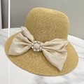 Elegant beige sun hat with champagne silk bow and pearl buckle on marble surface - M (56-58cm) / Beige
