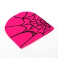 Hot pink knitted beanie hat with a bold black spider web pattern for winter warmth. - Pink and Black (I)