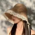 Detailed close-up of handmade straw hat with delicate white lace trim and woven texture - L (58-60cm) / Lolita Lace Strap Khaki