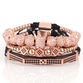 Men's rose gold crown and geometric zircon multi-layer beaded bracelet set - Rose Gold Set 3pcs (Crown + Cube + Pagoda Tube)