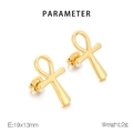 Macro view of 18K gold-plated stainless steel Ankh cross earrings showing size and weight - Ankh Cross / Gold
