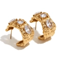 Gold-plated stainless steel C-shaped hoop earrings with hammered texture and zircons - Earrings / Gold White Zirconia