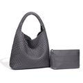 Handwoven grey leather hobo bag and matching zip pouch in Intrecciato weave design - Dark Gray