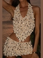 Set da spiaggia all'uncinetto con top allacciato al collo e gonna con conchiglie e paillettes - S / Set