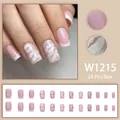 Elegant French press-on nails with white lip pattern, 24 pieces set in pale pink and white - W1215 (With Glue)