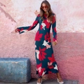 Abito lungo blu scuro a maniche lunghe con fiori rosa e maniche a campana - S / Blu navy