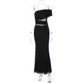 Elegant black one-shoulder maxi dress featuring sheer mesh patchwork for a modern look - S / Black