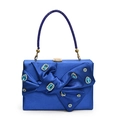Elegant blue satin evening clutch featuring a large rhinestone bow and beaded handle - Blue