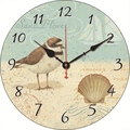 Silent vintage wall clock featuring beach plover and seashell nautical theme - Sandpiper Shell