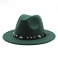 Close-up of leather hat band with silver studs and turquoise on dark green felt fedora - M (56-58cm) / Dark Green