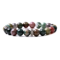 Detailed view of natural tiger eye and matte agate beads with a textured silver metal spacer - India Agate
