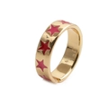 Adjustable gold band ring featuring red and pink enamel star patterns in a 45-degree view - Star Style (1CR010224DX)