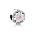 Silver bead charm with pink enamel flower and sparkling pavé crystals around the center - Style J2-02 / Center Pink Gem Flower