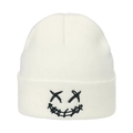 White ribbed knit beanie featuring a black embroidered smiley face in streetwear style - M (56-58cm) / White