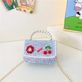 Sac à main bleu clair en tweed pour filles avec anse en perles et fleur rouge - Bleu Cerise