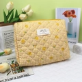 Quilted cotton makeup bag in yellow plaid with lemon print and fabric label - Yellow Smiley Face