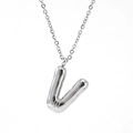 Silver stainless steel bubble necklace featuring a puffy letter V pendant with shiny finish - Steel Tone Letter V