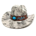 Detail of western cowboy hat featuring turquoise buckle and floral embroidered band - M (56-58cm) / Tie-Dye Grey