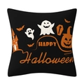 Halloween Kissenbezug aus Leinen mit orangefarbener Aufschrift und Gruselmotiven - Stil 4-Schwarzer Hintergrund Happy Halloween