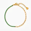Gold-plated stainless steel bracelet featuring green zircon stones and paperclip chain links - Gold Green Zirconia Splicing Style (SBK013)