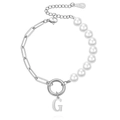 Silver paperclip chain and white pearl bracelet with capital G letter pendant - Silver-Letter G