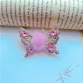 Golden butterfly hair clip with pink faux fur and rhinestones in variant design - Pompom Butterfly (F0005) / Light Pink