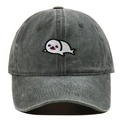 Detail of cute seal embroidery on a vintage washed charcoal grey cotton baseball cap - Army Green