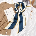 Vintage French silk scarf featuring blue, white and yellow stripes for hair or bags - #403 Wide Stripe Navy Blue Beige