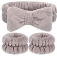 Plush 5-piece smoky purple coral fleece spa set with bow headband and matching wristbands - Coffee-3pcs Set