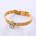 Pulsera dorada con mano de Fátima y ojo turco con cristales de colores en malla metálica - Dorado