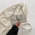White lychee texture leather small square handbag with silver moon-shaped buckle - White