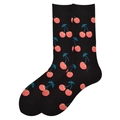 Mid-calf cotton socks in black featuring vibrant red cherry and blue stem patterns - 38-46 / Black Base Cherry Pattern (1065C)